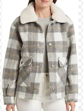 NWT Lucky Brand plaid woolly fleece faux shearling collar XS